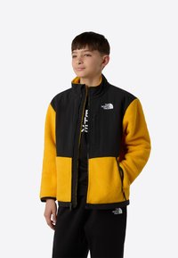 Μαύρο και κίτρινο μπουφάν με φερμουάρ, φτιαγμένο από υλικό φλις, με ψηλό γιακά και πλαϊνές τσέπες. Λογότυπο στο στήθος. Φορεμένο πάνω από μαύρο πουκάμισο.