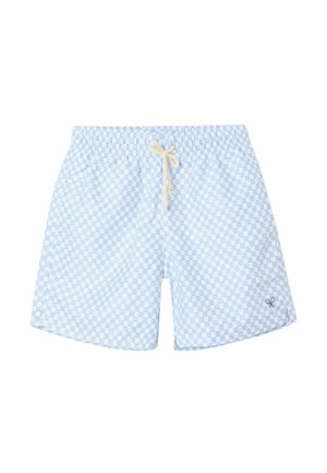 Bañador corto a cuadros azul claro y blanco con cintura elástica y cordón beige, con pequeño logo en la pierna inferior.
