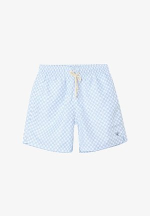 Bañador corto a cuadros azul claro y blanco con cintura elástica y cordón beige, con pequeño logo en la pierna inferior.