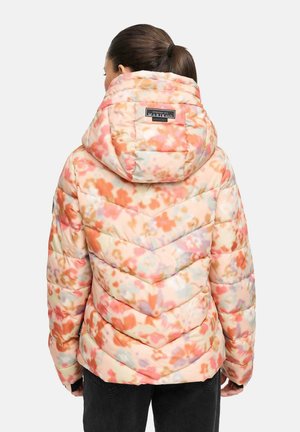 Gevoerde jas met bloemenpatroon in pastelkleuren, met een capuchon, voorzien van een chevrondesign en een merklabel nabij de hals.