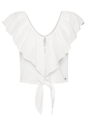 Bílá blůza s krátkým rukávem, velkým řaseným výstřihem, předními knoflíky a textilním páskem v pase.