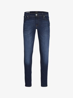 Jeans in denim blu scuro con vestibilità slim, presentano una chiusura a bottone, design a cinque tasche e lievi scolorimenti vicino alle cosce per aggiungere texture.