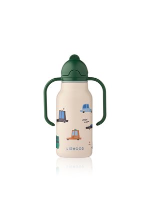Børns beige vandflaske med mørkegrønne håndtag og låg, dekoreret med tegneserie biler og "LIEWOOD" logo ved bunden.