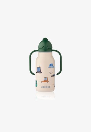 Børns beige vandflaske med mørkegrønne håndtag og låg, dekoreret med tegneserie biler og "LIEWOOD" logo ved bunden.
