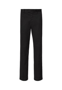 Zwarte broek met een recht model. Gemaakt van een gladde stof, met een tailleband met riemlussen en een verborgen sluiting aan de voorkant.
