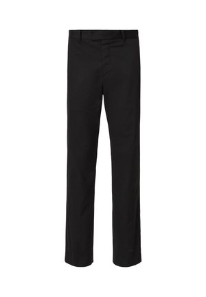 Zwarte broek met een recht model. Gemaakt van een gladde stof, met een tailleband met riemlussen en een verborgen sluiting aan de voorkant.
