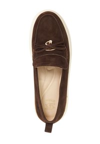 Brown suede slip-on shoe with a rounded toe, decorative lace, and gold hardware accent. White rubber sole with textured insole design.