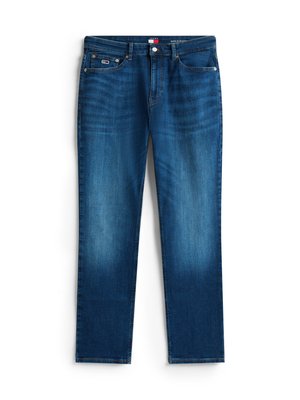 Slim-fit blå denimjeans med en urtvättad look, fem fickor, knappstängning och logotypapplikation på midjan.