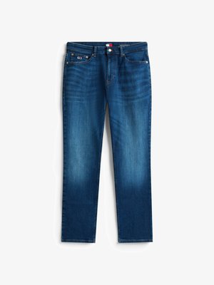 Slim-fit blå denimjeans med en falmet vask, fem lommer, knappestengning og logo-lapp på midjen.