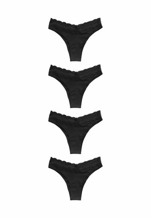 Schwarze Spitzen-Tangas mit Säumen, die in einem Stapel präsentiert werden. Sie haben einen glatten Stoff mit gewellten Kanten am Bund. Vier Stück sichtbar.