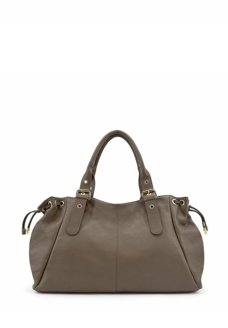 Sac à main en cuir marron avec deux poignées arrondies, accents métalliques dorés, texture douce et design spacieux avec fermeture à cordon.