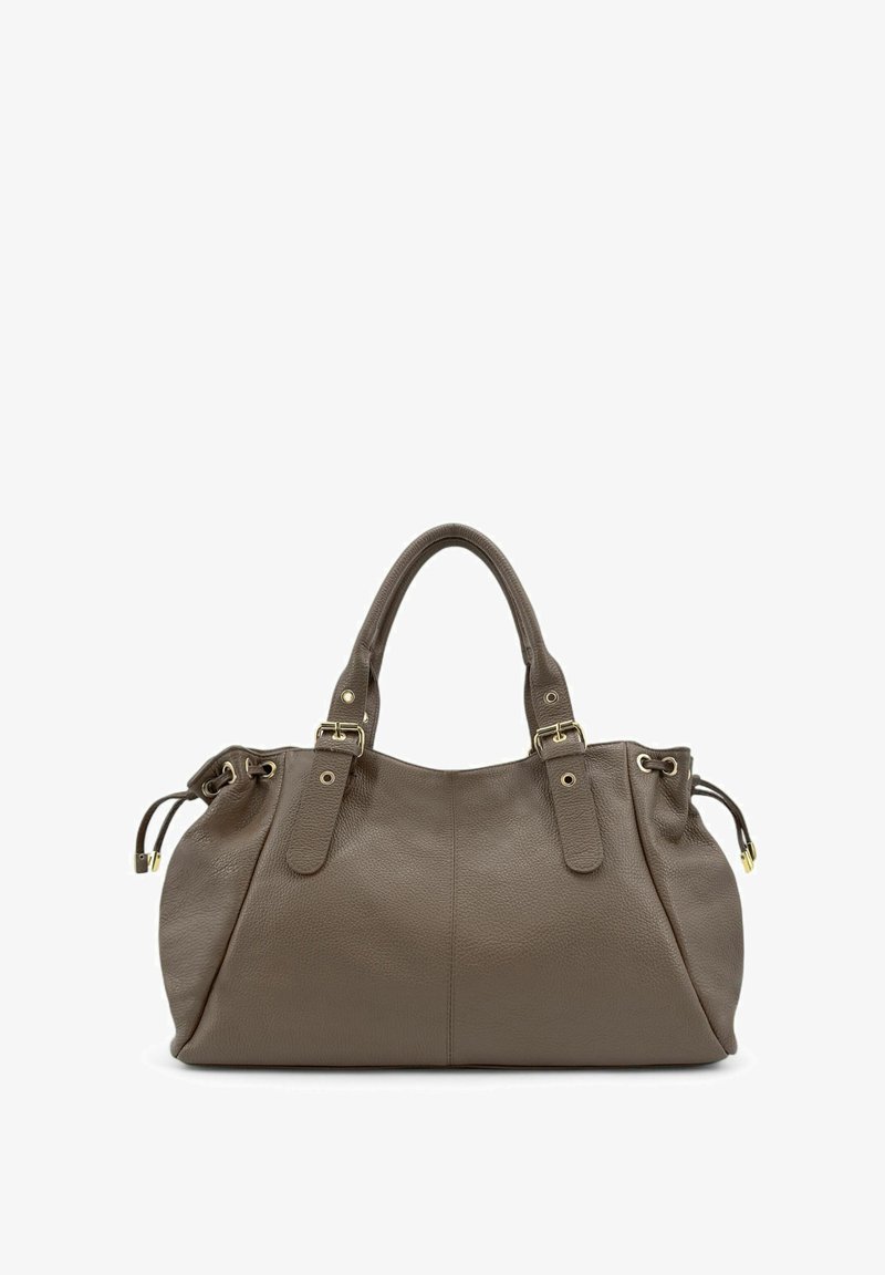 Sac à main en cuir marron avec deux poignées arrondies, accents métalliques dorés, texture douce et design spacieux avec fermeture à cordon.