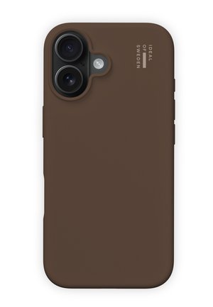 Custodia per telefono in silicone marrone con ritagli precisi per doppia fotocamera e una texture opaca elegante. Marchio visibile sul lato.