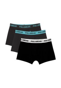 Drei Paare Pull&Bear Boxershorts: schwarz, dunkelgrau und schwarz, mit kontrastierenden elastischen Taillenbändern – türkis und weiß mit Logo-Text.