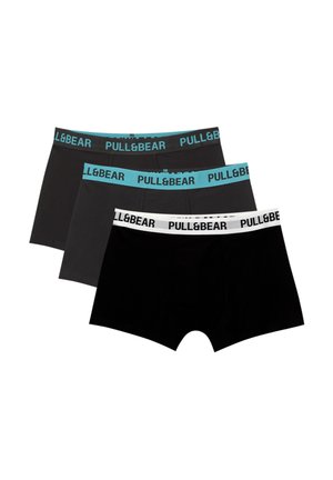 Drei Paare Pull&Bear Boxershorts: schwarz, dunkelgrau und schwarz, mit kontrastierenden elastischen Taillenbändern – türkis und weiß mit Logo-Text.