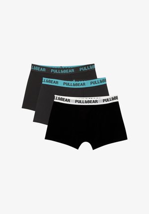 Tre par Pull&Bear boxershorts: sort, mørkegrå og sort, med kontrasterende elastiske waistband - teal og hvid med logotekst.