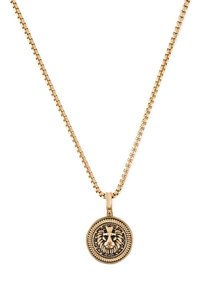 Halskette aus goldfarbenem Metall mit Kettenmuster. Runder Anhänger mit einem Löwenkopf, der detaillierte Akzente und einen strukturierten Rand aufweist.