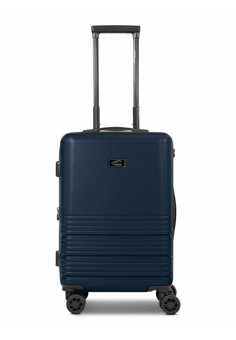 Marine hardshell koffer met verticale ribbeltextuur, uitschuifbare handgreep en vier spinnerwielen. Voorzien van een logo op het voorpaneel.