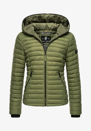 Olive green puffer jacket with a hood, quilted texture, zippered pockets, and elastic cuffs. Lined interior with labels visible.