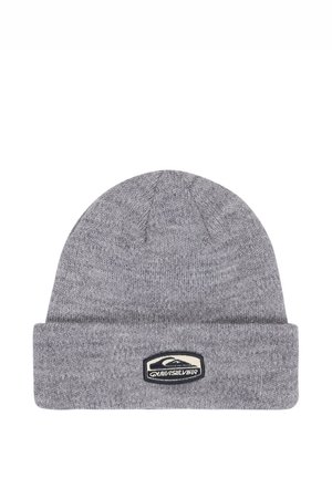 Gray knitted beanie with folded cuff featuring a black and white Quiksilver logo patch on the front center.