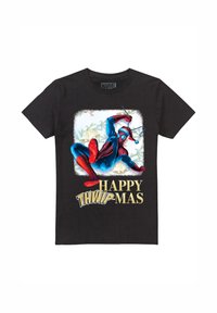 Black cotton T-shirt featuring a colorful Spider-Man graphic, wearing a Santa hat, with "HAPPY THWIP-MAS" text in large, bold font below.