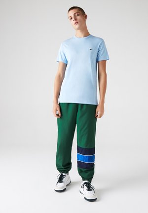 T-shirt azzurro chiaro a girocollo con maniche corte, abbinato a pantaloni sportivi verdi con strisce orizzontali blu e blu scuro. Sneakers bianche con lacci neri.