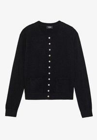 Black cardigan made of soft fabric, featuring a rounded neckline, long sleeves, a button-down front with eight buttons, and two front pockets.