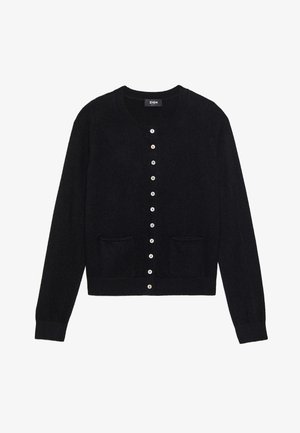 Black cardigan made of soft fabric, featuring a rounded neckline, long sleeves, a button-down front with eight buttons, and two front pockets.