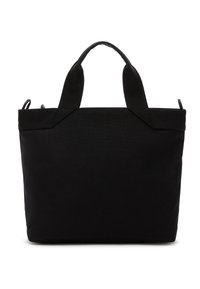 Czarna torba materiałowa z krótkimi uchwytami o prostokątnym, lekko trapezoidalnym kształcie, prezentowana na białym tle.