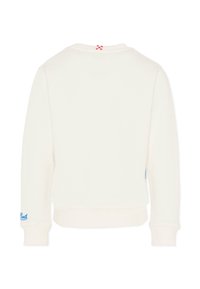 Sweatshirt blanc avec un col rond, des poignets côtelés et un ourlet court. Comprend un petit logo bleu sur la manche gauche.