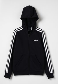 Felpa nera con zip realizzata in tessuto morbido, dotata di un ampio cappuccio, tasche frontali e tre righe bianche lungo ciascun manica.
