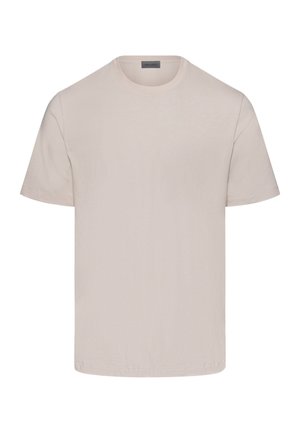T-shirt beige à manches courtes en tissu doux, doté d'un col rond et d'un design simple sans motifs ni ornements.