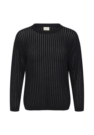 Pull noir à manches longues avec des rayures verticales transparentes et un col rond, présenté sur un fond blanc uni.