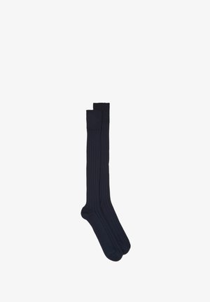 Blaue knielange Socken mit gerippter Textur, aus einem weichen Stoff gefertigt, in einer einheitlichen Farbe ohne sichtbare Muster oder Akzente.