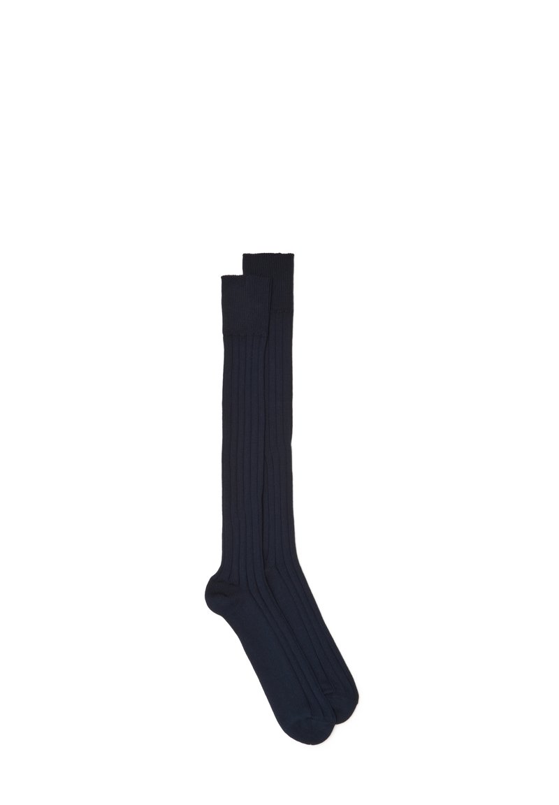 Calze blu al ginocchio con una texture a coste, realizzate in un tessuto morbido, caratterizzate da un colore uniforme senza motivi o accenti visibili.