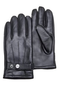 Zwarte leren handschoenen met een gladde textuur, vijfvingerdesign en subtiele stiksels. Bevat een polsband met een metalen accent.