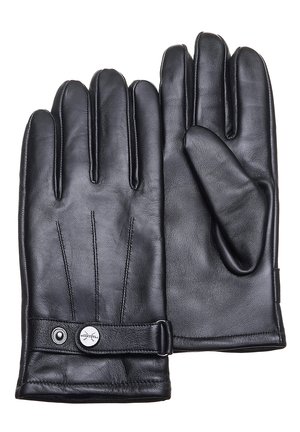 Sorte læderhandsker med en glat tekstur, fem-finger design og subtile syninger. Har en håndledsrem med en metalaccent.