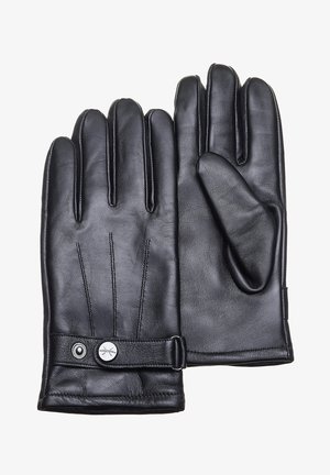 Gants en cuir noir avec une texture lisse, design à cinq doigts et couture subtile. Comprend une sangle au poignet avec un accent métallique.