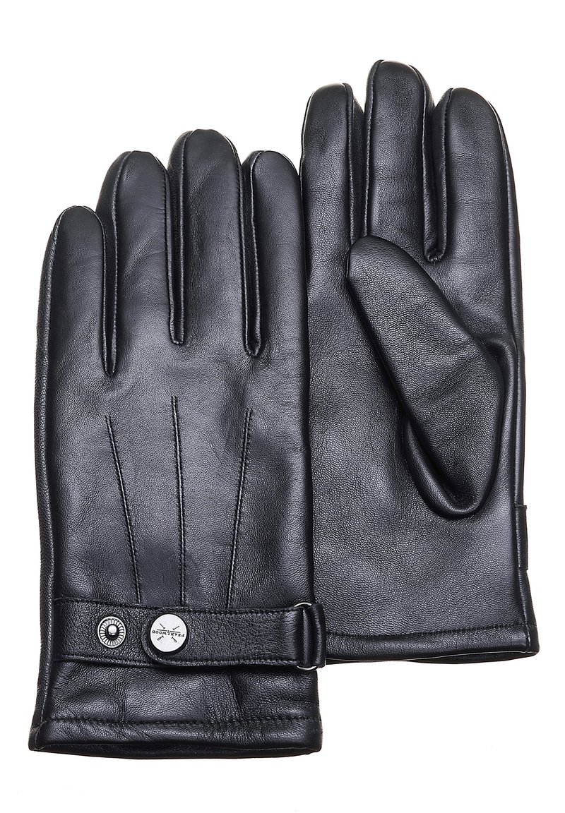 Zwarte leren handschoenen met een gladde textuur, vijfvingerdesign en subtiele stiksels. Bevat een polsband met een metalen accent.