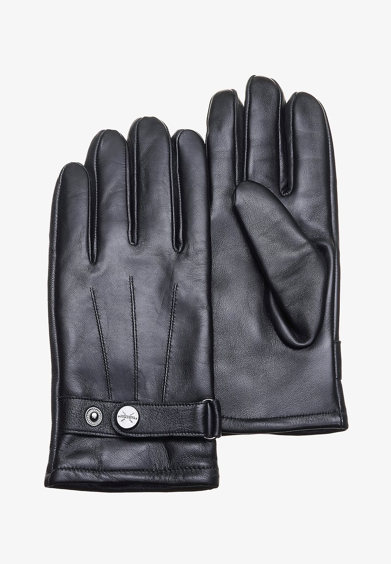 Zwarte leren handschoenen met een gladde textuur, vijfvingerdesign en subtiele stiksels. Bevat een polsband met een metalen accent.