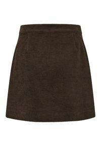 Stribet corduroy nederdel i mørkebrun med lodrette ribber, en svajet form og et tætsiddende taljebånd. Har sidelommer og en glat tekstur.