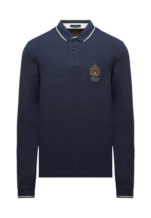 Polo a maniche lunghe blu navy in cotone, con collo a righe bianche, apertura con bottoni e distintivo ricamato sul petto.