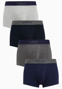 Négy pár harisnya boxer nadrág szürke, sötétkék és tengerészkék színben. Mindegyik kontrasztos derékszíjjal rendelkezik, amelyen a "next" logó található sötét tengerészkék és szürke színben.