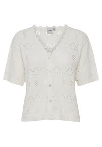 White knitted cardigan with short sleeves, scalloped neckline, button closure, and intricate openwork patterns throughout the fabric.