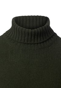 Dunkelgrüner, gerippter Rollkragenpullover mit hohem, strukturiertem Kragen. Der Stoff wirkt weich und dick und eignet sich gut zum Schichten in kälterem Wetter.