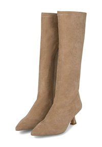 Botas de ante beige hasta la rodilla con punteras afiladas, cremalleras laterales y tacones de bloque transparentes. Textura suave y diseño sin costuras.