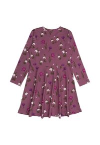 Langärmliges Kleid aus mauvefarbigem Stoff mit einem Blumenmuster aus Schneeglöckchen und lila Blumen. Ausgestellter Rock und runder Ausschnitt.