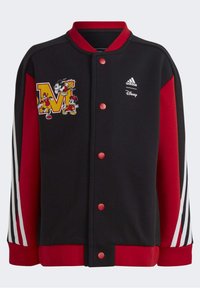 Black and red varsity jacket with a rounded collar, white stripes on sleeves, featuring an embroidered Disney graphic and Adidas logo.