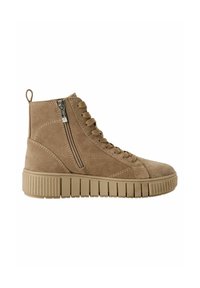 Hellbeige Wildleder High-Top Sneakers mit Schnürung vorne, seitlichem Reißverschluss und strukturiertem Gummisohlen mit ausgeprägten Rillen.