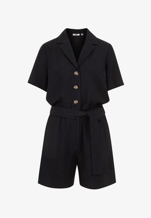 Lyhyt musta haalari, jossa on kauluksellinen kaula-aukko, lyhyet hihat, nappikiinnitys neljällä ruskealla napilla ja vyötärölle sidottu vyö. Sujuva rakenne.